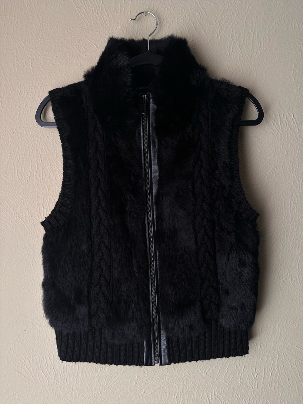 BCBGMaxAzria Black Faux Fur Cable-Knit Zip Vest